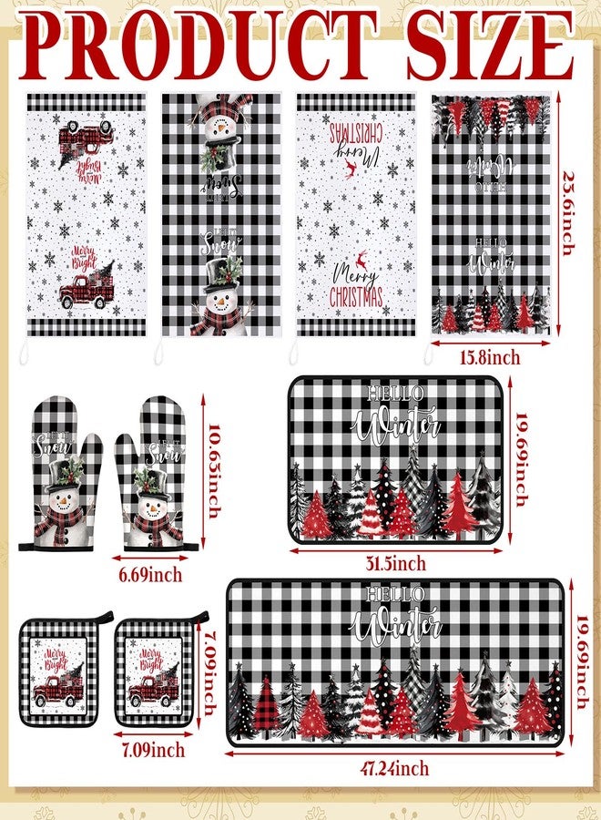 Fourluoo 10 Pcs Christmas Kitchen Decor Sets, 4 White and Black Plaid Kitchen Dish Towels 2 Farmhouse Pot Holders 2 Buffalo Check Oven Mitts Glove Rustic Non Slip Rugs and Mats for Home Decorations Mom Gifts - Image 3